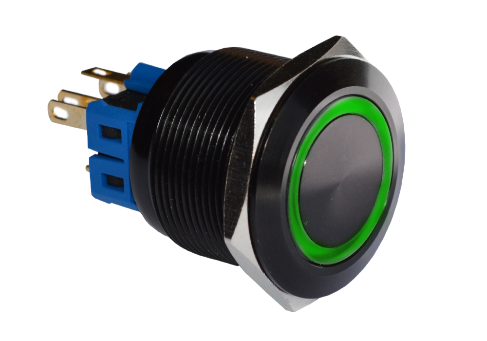 RJS103-22L(A)-F-R~67J metal anti vandal push button switch, black with ring led illumination, RJS Electronics Ltd