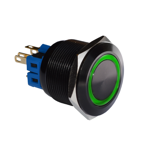 19mm anti vandal metal push button switches, led illuminated, ring illumination, black anodised finish, rjs electronics ltd