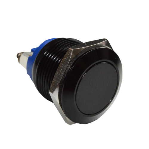 19mm metal anti vandal push button switch with no illumination, screw terminals, black anodised aluminium finish, rjs electronics ltd