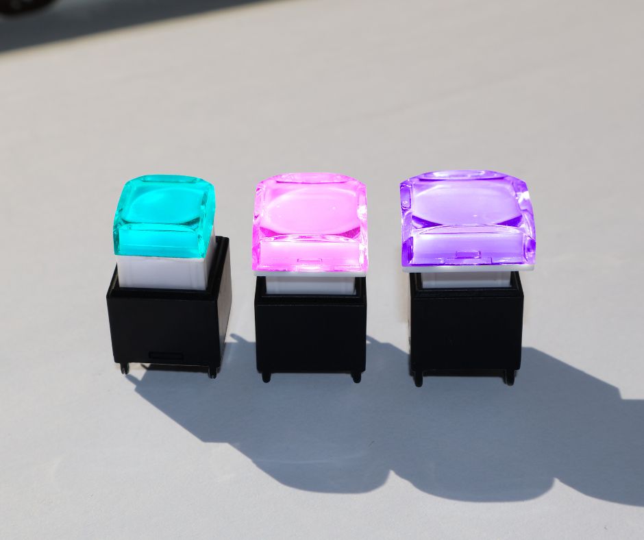 RJSBS RGB broadcast switches, 12mm 15mm 17mm PCB push button switches, LED switches, LED buttons, audio visual components, RJS Electronics Ltd