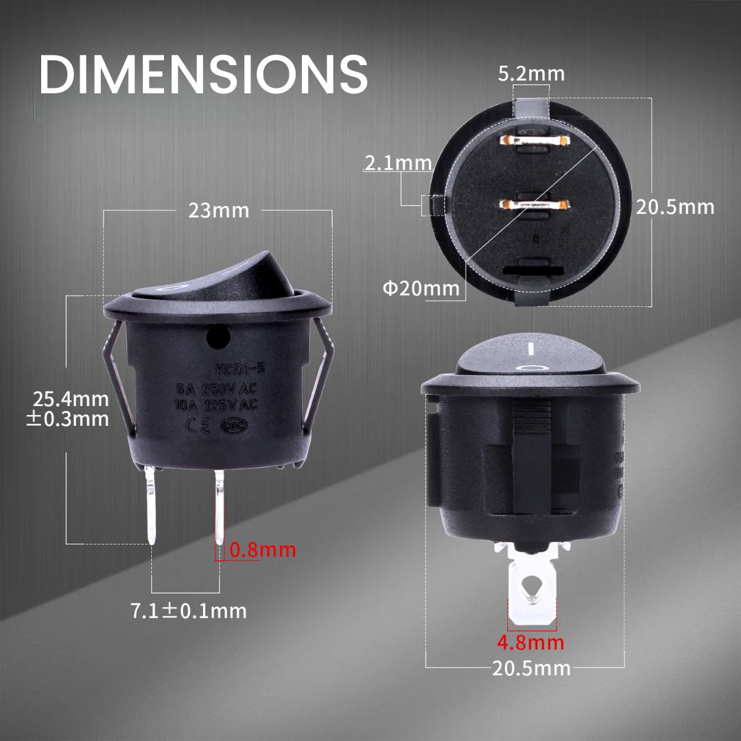 Dimensions of non-illuminated rocker switch, panel mount rocker switches, new products, RJS Electronics Ltd