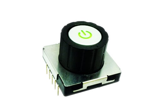 rotary switch with centre push button, power symbol custom cap, LED illuminated, rjs electronics ltd