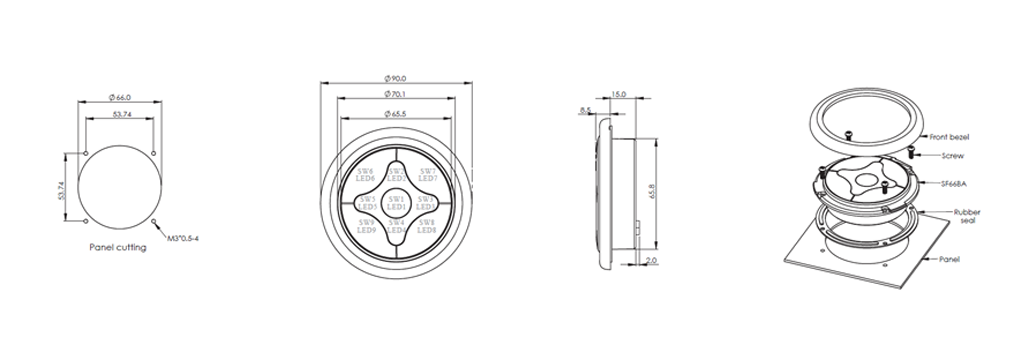 Drawing of RJSSF66BA-Z navigation switch, microprocessors up to 9 keys, SPI interface, momentary function, led illuminated, led switches, RJS Electronics Ltd